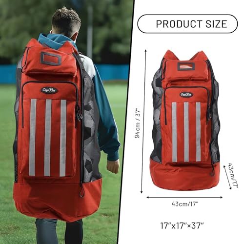 OrgaWise XXL Soccer Ball Bags for Coaches | 600D Oxford Cloth | SBS Zippers | Card Holder | Night Reflective Strips | Plated Holes | Chest Strap | Carry Handle - color: Red