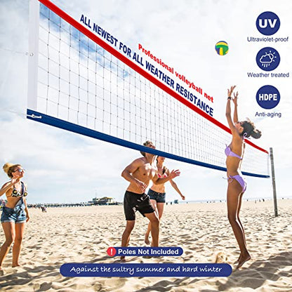 Professional Volleyball Net Outdoor Heavy Duty, Upgraded Weather Resistance, Lengthened Aircraft Steel Cable, Thicker Sides Tapes, for Indoor Outdoor Sports- 32x3FT (Net Only)