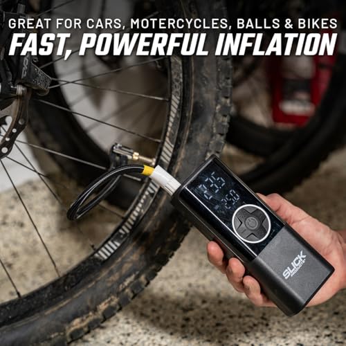 Slick Products Portable Digital Air Pump Tire Inflator – Cordless Rechargeable 150 PSI Pump with LED Flashlight, Power Bank, Presta Valve Adapter, Ball Needle, Power Cord and USB Cable