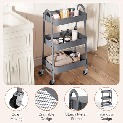 NEWBULIG 3-Tier Metal Rolling Cart with Lockable Wheels, Heavy Duty Mobile Utility Storage Shelf, Roller Book Snack Cart, Grey - color: Gray, size: 3 Shelves