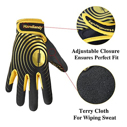 HANDLANDY Youth Football Gloves, Kids Sticky Receiver Gloves,Super Grip Football Glove Best Gift for Boys,Girls - color: Black and Gold, size: X-Small-Youth