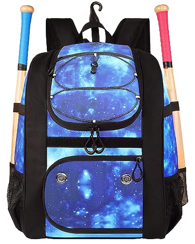 MATEIN Softball Bag, Lightweight Baseball Backpack with Shoe Compartment, Baseball Bag with Fence Hook for TBall Bat & Equipment, Softball Gifts Catchers Backpack for Women Fit Catcher’s Mitt, Helmet - color: Galaxy Blue - Large