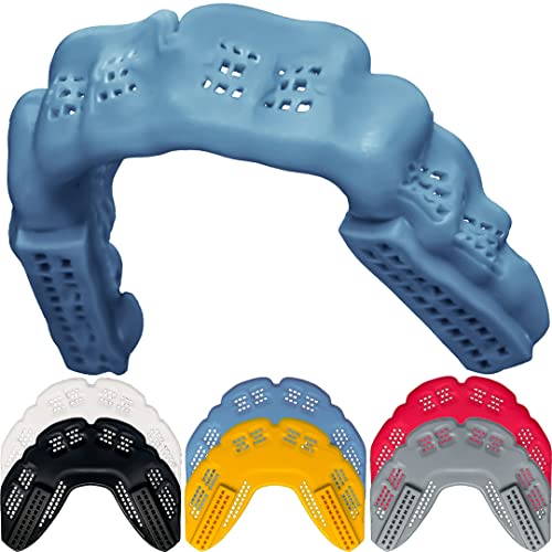 Bulletproof: World’s Thinnest Most Breathable Mouthguard is 3X Stronger! BJJ Lacrosse Football Basketball MMA Wrestling Hockey Rugby Boxing Men Sports Mouth Guard Grinding Teeth Adult Youth Braces - color: Retro Blue Gray, size: ADULT