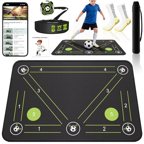 2F22E Soccer Training Mat for Kids & Youth, Non-Slip Silent Footwork Training Equipment with Soccer Bounce Trainer & Socks, Ball Mastery Skills Mat with Instructional Video for Indoor Practice - color: Black-Green