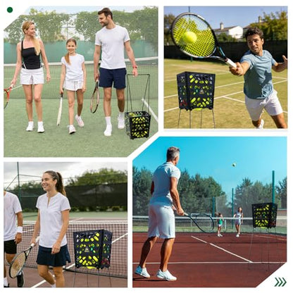 Tennis Ball Hopper with Wheels, 60-Ball Rolling Tennis Basket with 4 Wheels, Lightweight Portable Ball Collector for Tennis Practice, Coaching Drills, Court Training