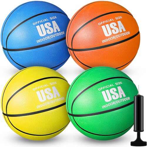 Libima 4 Pcs Rubber Basketball with Pump Official Size Indoor Outdoor Basketball Game Practice Training Women Men Streetbball Sport Gift - color: Yellow, Green, Blue, Orange, size: Size 5