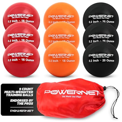 PowerNet 3.2"" 9 Pack Weighted Training Balls for Hitting Batting, Build Strength & Muscle, Improve Technique, Training Equipment for Throwing, 12 to 20 oz Softball Size Weighted Balls