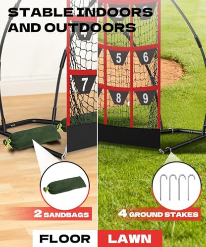 Queension 9 Hole Pitching Target Net with Strike Zone, Baseball Batting Net with Target Pockets, Pitching Net with Ground Stakes and Sandbags for Baseball Training - color: Black