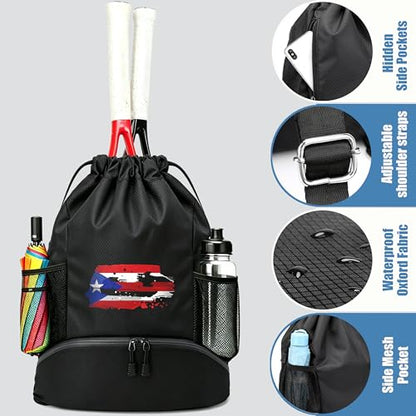 FOECBIR Sports Drawstring Backpack with Shoe Compartment & Reflective Safety Strips, Large Capacity Basketball Bag Water Resistant Side Mesh Pockets for Men Women (American Flag) - color: American Flag
