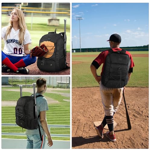 MATEIN Baseball Backpack, Softball Bat Bag with Shoes Compartment for Youth, Boys and Adult, Lightweight Baseball Bag with Fence Hook Hold TBall Bat, Batting Mitten, Helmet, Caps, Teeball Gear - color: Black, size: 47L