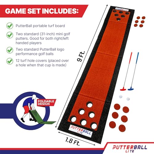 PutterBall Original Golf Putting Game Set – Backyard Putting Green Pong Style Golf Mat with 2 Putters, 2 Balls & Hole Covers - 9 ft - color: Red
