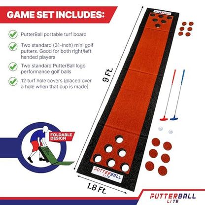 PutterBall Original Golf Putting Game Set – Backyard Putting Green Pong Style Golf Mat with 2 Putters, 2 Balls & Hole Covers - 9 ft - color: Red