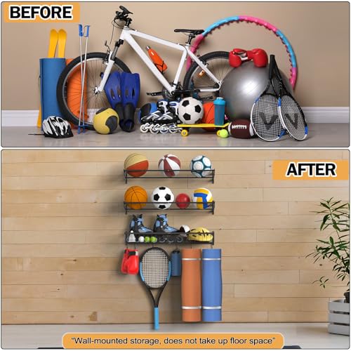 Ball Metal Holder Wall Mount Sports Organizer with 3Tier Shelf Garage Basketball Rack for Balls, Multi-Purpose Wall Ball Storage, Racks for Garage, Equipment Organizer with 6 Hooks, Metal Black（black）