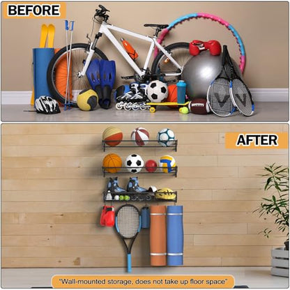 Ball Metal Holder Wall Mount Sports Organizer with 3Tier Shelf Garage Basketball Rack for Balls, Multi-Purpose Wall Ball Storage, Racks for Garage, Equipment Organizer with 6 Hooks, Metal Black（black）