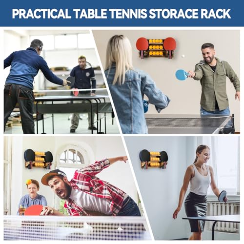 Ping Pong Paddle Holder, Wooden Ping Pong Paddle Holder Wall Mount Storage Rack Wall Mounted Wood Table Tennis Rack Holds 6 Paddles and 12 Balls