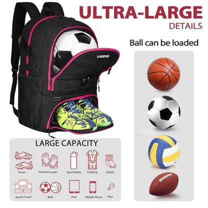LARIPOP Soccer Backpack with Ball Holder & Shoe Compartment Large Capacity Youth Sports Bag for Training - color: Rose Red