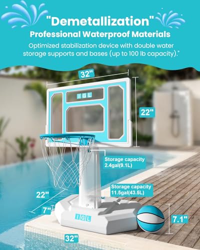 IGL Pool Basketball Hoop Outdoor, Outdoor Poolside Basketball Hoop, Base & Stand Double Water Storage with 2 Ball & Inflator, Stainless Steel Basketball Rim, Fixed Height - size: 32in Backboard