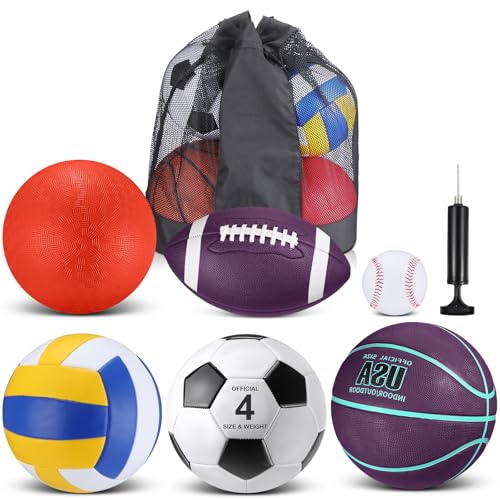 Realspring 6 Pcs Kids Sport Ball Set Includes Official Size Soccer, Basketball, Football, Volleyball, Playground Ball, Baseball with Bag & Pump Back to School Gift for Teens Outdoor Sport Play - color: Purple