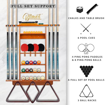 Billmart Wall Mount Pool Stick Holder, 2-in-1 Pool Stick & Ping Pong Paddle Holder, Solid Wood Cue Rack with Storage for Pool Table Accessories, Amber - color: 2-IN-1-Amber
