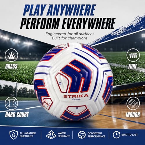 STRIKA Premium Soccer Ball Size 5 & 4 – Durable Hybrid Bonded Training Ball for Adults & Kids – Water-Resistant, Long Air Retention – Indoor/Outdoor Play