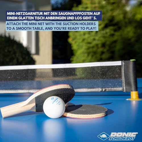 Donic-Schildkröt Tischtennis-Mini-Set FSC, Tischtennis im Miniformat, 2 FSC-Schläger, Netz mit Saugnapfpfosten, 1 Tischtennisball, in neuer Kartonverpackung