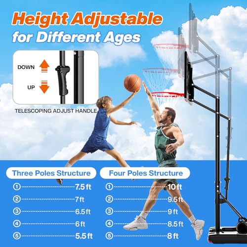 AWII SPORT Basketball Hoop Outdoor Protable 40/44/48 Inch Impact Backboard, 4.8-10FT Height Adjustable Basketball Hoop Goal System with Wheels for Adults