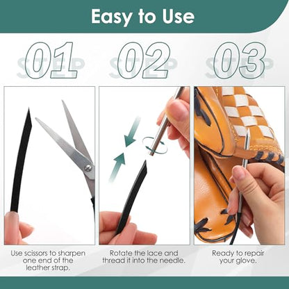 Coitak Baseball Glove Lace Kit, Baseball Glove Repair Lacing Kit Include 2 Leather Laces 78.74 inch 10 Lace Locks 9 Glove Lacing Needles with Needle Bag