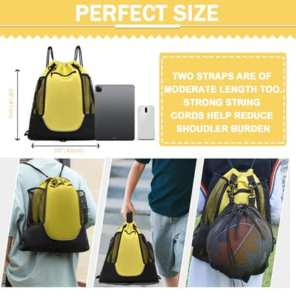 KAEGREEL Drawstring Soccer Bag Basketball Backpack for Kids Teens, Foldable Sports Bags Detachable Ball Mesh Bag for Gym Yoga Football Baseball - color: Yellow