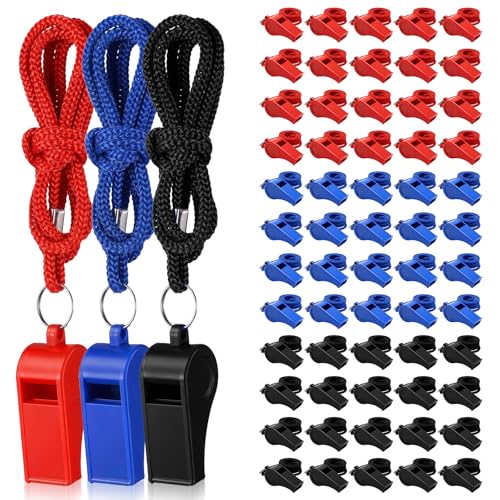 60 Pcs Whistles Bulk, Outdoor Sports Whistles with Lanyard Loud Crisp Sound Whistle for Coach Referees Training Emergency (Black, Blue, Red)