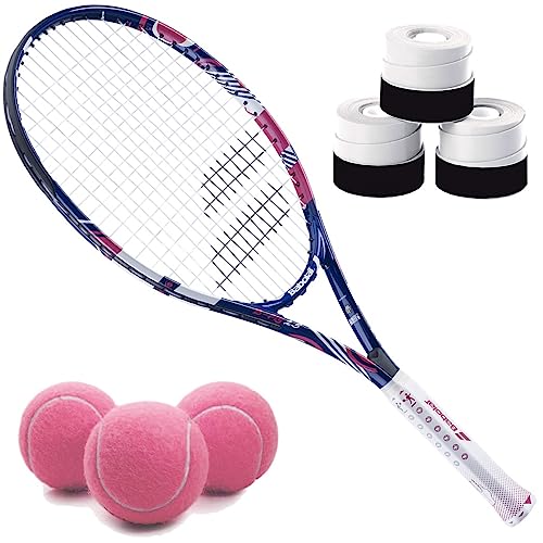 Babolat B'Fly Tennis Racquet Bundled with 3 Overgrips and 3 Pink Tennis Balls - color: White Overgrip, size: 25" Racquet