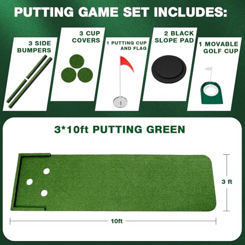 Wekin Golf Putting Green Mat Indoor,3x10ft Thickening Outdoor Portable Golf Game Set Training Turf with Side Border,Movable Cup for Home Backyard Office