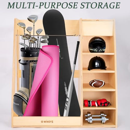 WINGYZ Premium Birch Plywood Golf Bag Storage for 2 Bags | 36lb Rock-Solid Golf Bag Organizer | 7-Shelf Command Center | Artificial Turf 12-Ball Display | No Wall Mounting Required (Natural) - color: Natural