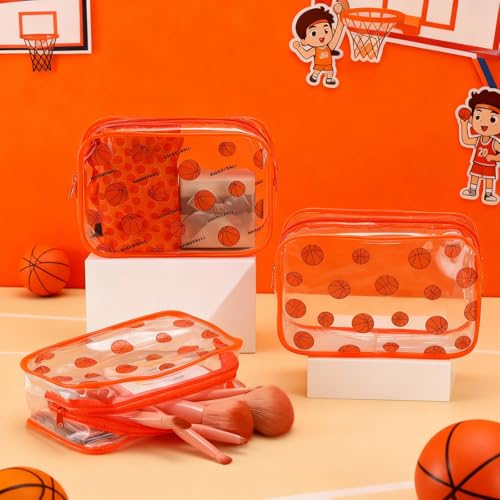 Kacctyen 24 Pcs Basketball Team Gift Bag Bulk for Snacks Sport Goodie Makeup Bag Clear PVC Pouch Organizer with Zipper Waterproof Travel Case for Woman Team Party Favors Birthday Decorations Supplies - style: Basketball
