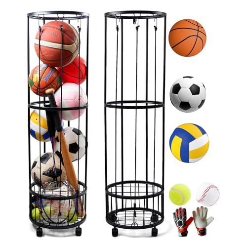 Upgrated Ball Storage Rack with Small Bottom Ball Holder, 3 Adjustable Elastic Cords Sports Equipment Organizer, Wall-Mounted Basketball Rack for Indoor,Outdoor,Home,Garage - size: 3 Layer with open top