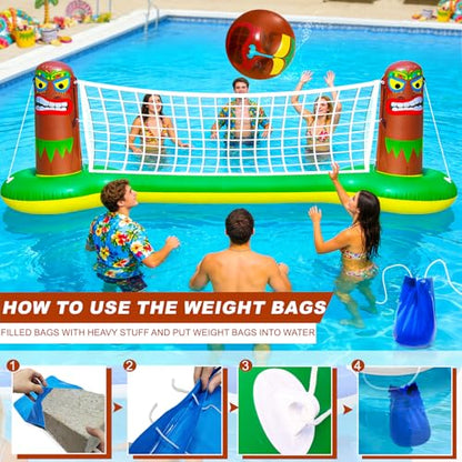 TURNMEON Inflatable Luau Tiki Pool Volleyball Net Game, Large 105"x28"x35" Floating Water Toy Set with Beach Ball for Adults Indoor Outdoor Tropical Hawaiian Summer Party Supplies