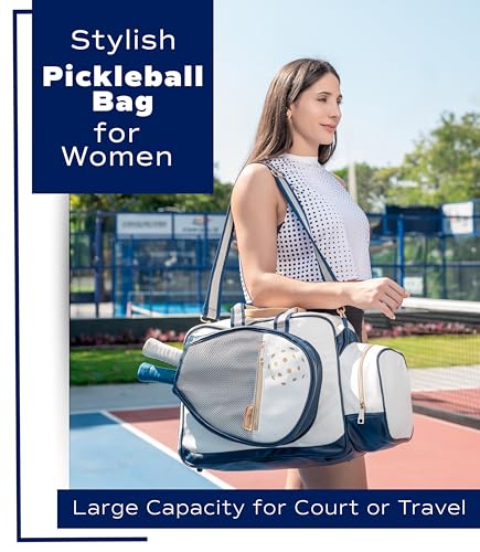 Net & Style Pickleball Bag Women Stylish Tote Large Capacity Paddle Holder Shoe Compartment Elegant Lightweight Design Durable Zipper Pockets Fence Hook White Navy Court Gym Travel Organizer