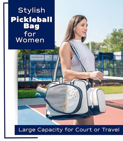 Net & Style Pickleball Bag Women Stylish Tote Large Capacity Paddle Holder Shoe Compartment Elegant Lightweight Design Durable Zipper Pockets Fence Hook White Navy Court Gym Travel Organizer