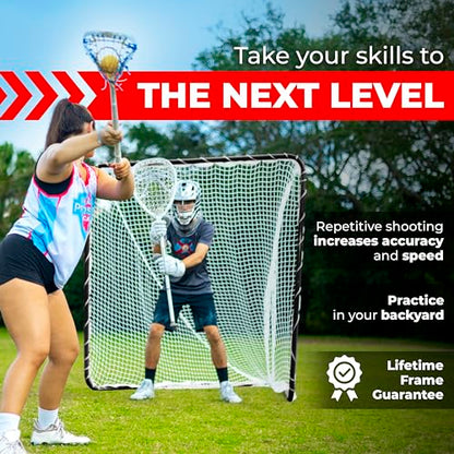 Velocity Official Size 6x6x7' Backyard Lacrosse Practice and Training Goal, Includes 4MM Lacrosse Net, for Youth, Kids, and Adults - color: Black Frame, style: White Net