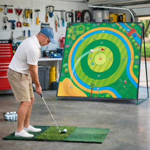 70x70 Inch Golf Chipping Net Battle Golf Extra Large Backyard Practice Net with 40 Training Balls, 3-Turf Hitting Mat, 2 Practice Clubs – Indoor Outdoor Use, Gift for Golf Lovers