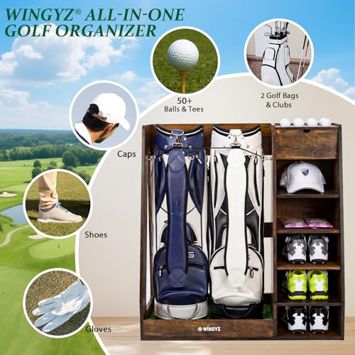 WINGYZ Premium Birch Plywood Golf Bag Storage for 2 Bags | 36lb Rock-Solid Golf Bag Organizer | 7-Shelf Command Center | Artificial Turf 12-Ball Display | No Wall Mounting Required (Brown) - color: Brown