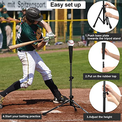 Baseball Tee Batting Tee Softball Tee Portable Travel Hitting Tee,Easy Adjustable Height,Stable Tripod Stand - color: Black