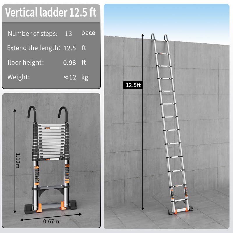 Telescoping Ladder,with Stable Hook and stabilizer barand,12.5 FT Extension Ladder, Heavy Duty 330lbs Max Capacity, Multi-Purpose Collapsible Ladder for RV or Outdoor Work (3.8M/12.5FT) - size: 12.5FT/3.8M
