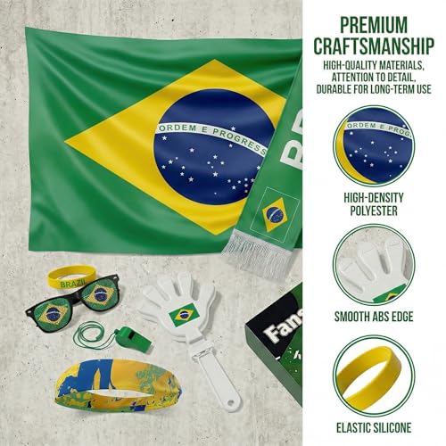 Soccer Fan Gear Set 2026-7 Piece Game Day Kit with Flag, Scarf, Glasses, Whistle, Clapper, Wristband & Headband in Gift Box - Watch Party & Stadium Essentials for Brazil - color: Brazil