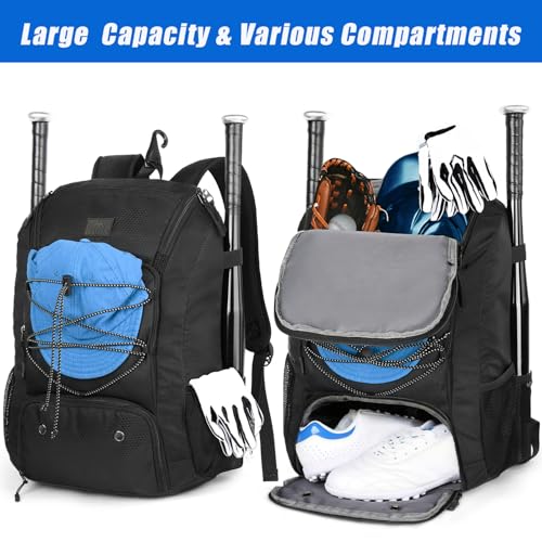 MATEIN Baseball Backpack, Softball Bat Bag with Shoes Compartment for Youth, Boys and Adult, Lightweight Baseball Bag with Fence Hook Hold TBall Bat, Batting Mitten, Helmet, Caps, Teeball Gear - color: Black, size: 47L