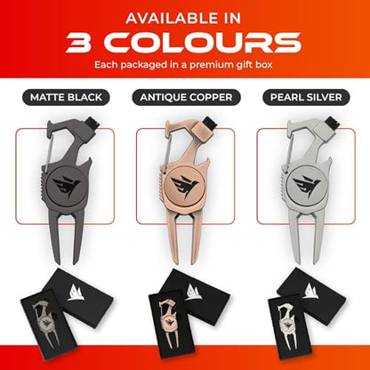 SWIFTEE Golf Divot Pitch Mark Repair Tool 7-in-1 - Club Holder, Brush, Clip Buckle, Groove Cleaner, Bottle Opener, Ball Marker, Divot Tool - Gift Box Included - color: Matte Black