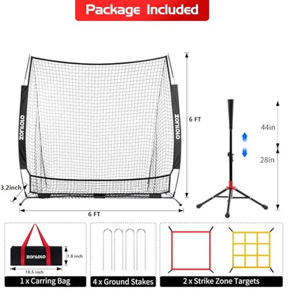 ZONLOLO 6x6ft Baseball & Softball Net for Hitting,Pitching and Batting, Throwing,Baseball net with Sturdy Bow Frame,Battting Tee,Strike Zone, Middle Size,Suitable for Kids!