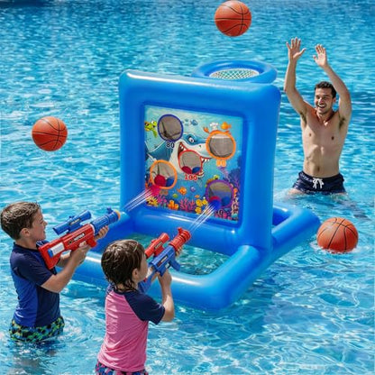 Pool Toys Games for Kids&Adults, 2-in-1 Pool Basketball Hoop with Shooting Target Game & with 2 Blasters, 40 Foam Balls, 4 Basketballs, Summer Outdoor Water Toys, Pool Party Lawn Backyard Games-Blue