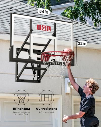 IGL Wall Mount Basketball Hoop, 54in Basketball Hoop Outdoor with Shatterproof Backboard, 7.5ft-10FT Height Adjustable,Heavy Duty Breakaway Rim Combo Fit Most Slanting Roofs