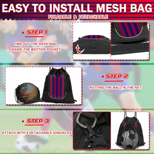 KAEGREEL Drawstring Soccer Bag Basketball Backpack for Kids Teens, Foldable Sports Bags Detachable Ball Mesh Bag for Gym Yoga Football Baseball - color: Black with Red & Blue Stripes