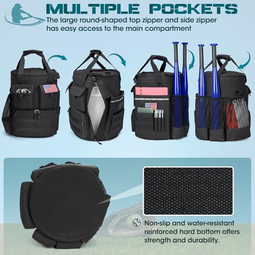 RAINSMORE Baseball Bucket Bag Tactical Baseball Coaches Bag with Insulation Pocket Lightweighht Softball Baseball Bag Backpack for Adult Multiple Pockets for Balls, Bat, Gloves, Scoreboards